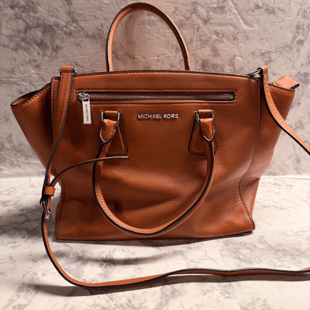 Michael Kors Sophie Tan Pebbled Leather Satchel Crossbody Bag Acorn Hardware